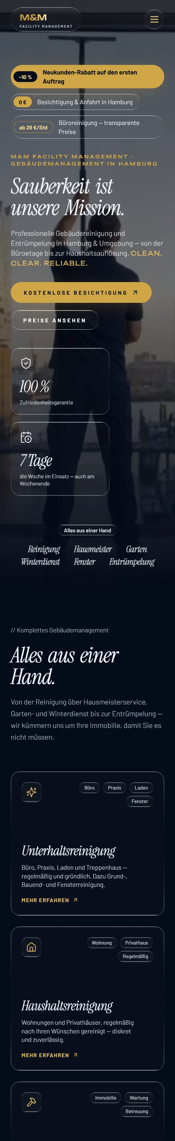 M&M Facility Management: Startseite auf dem Handy
